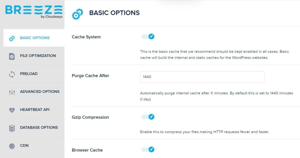 Breeze Plugin Settings Enable Cache System