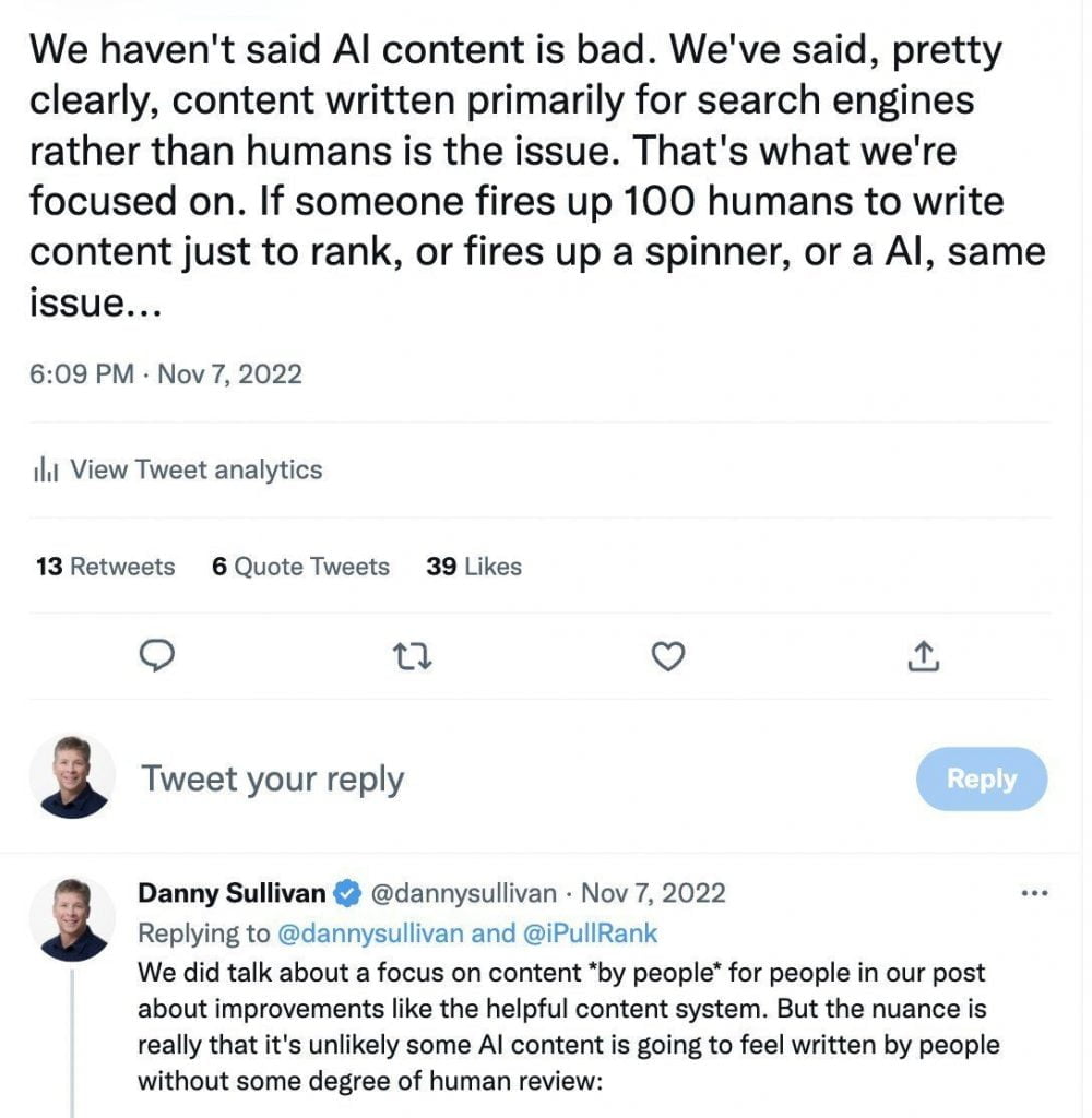 AI Generated Content by Danny Sullivan Twitter Post