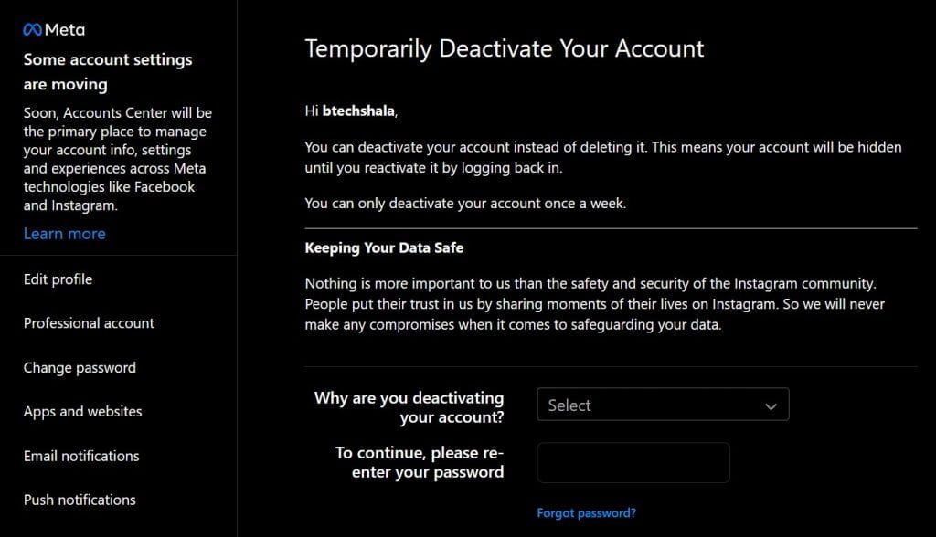 temporarily deactivate Instagram account and then delete Instagram account
